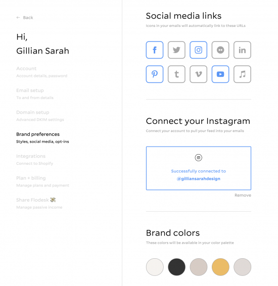 Flodesk Brand Colours & Social Media Intergration