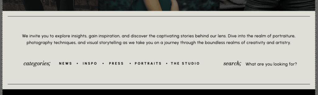 A Showit categories menu within a photography blog design