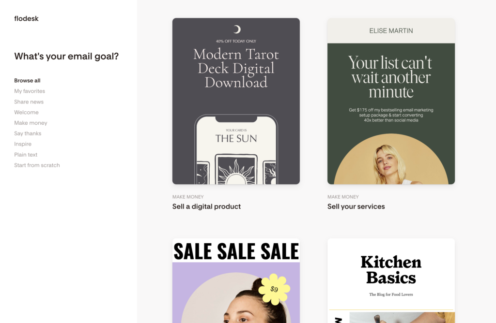 Visually stunning email templates from Flodesk with sleek design elements and vibrant colors, showcasing how users can create professional-looking newsletters.