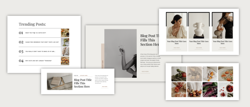 Showit blog layout with grid-style post previews and dynamic hover effects