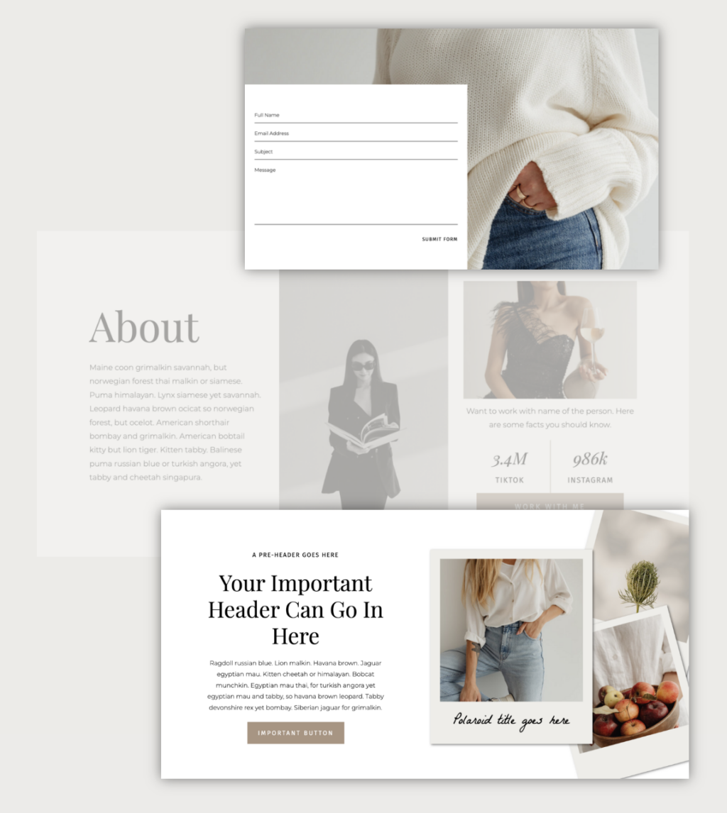 Multi-section Showit canvas featuring about page, contact form, and content sections with polaroid effect