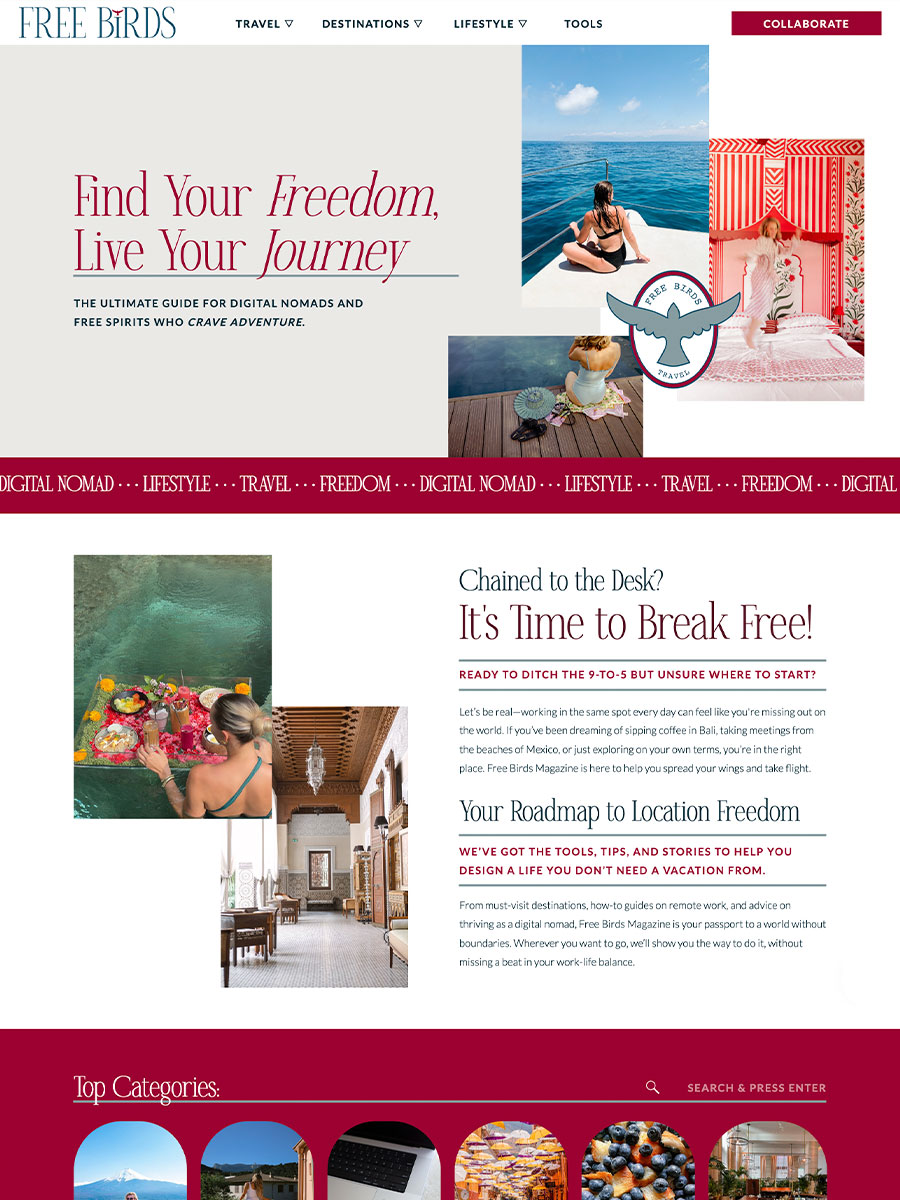 Free birds magazine, travel and lifestyle blog design on Showit