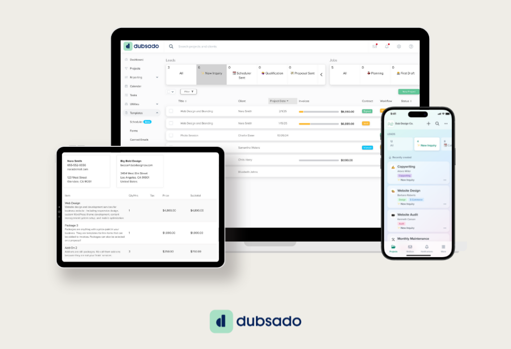 Dubsado dashboard mockup on desktop, tablet, and mobile showing client management, invoicing, and lead tracking features.
