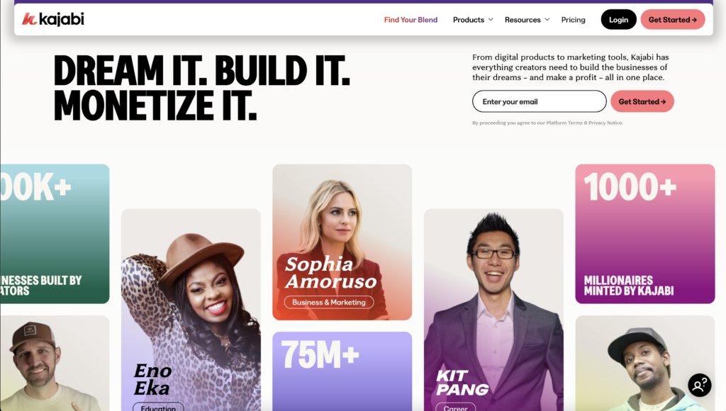 Kajabi homepage featuring creators and tagline "Dream it. Build it. Monetize it."