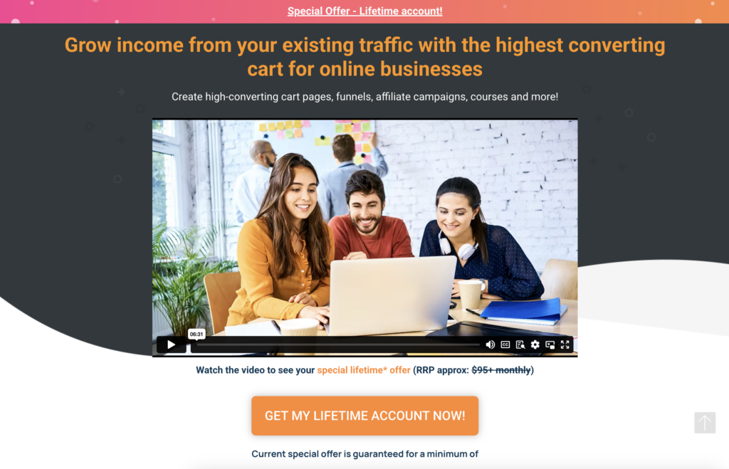 ThriveCart landing page promoting lifetime access offer for high-converting checkout system