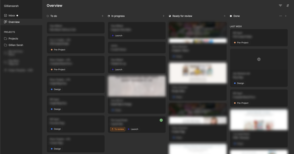 Workflow.design client project dashboard showing task statuses and feedback workflow