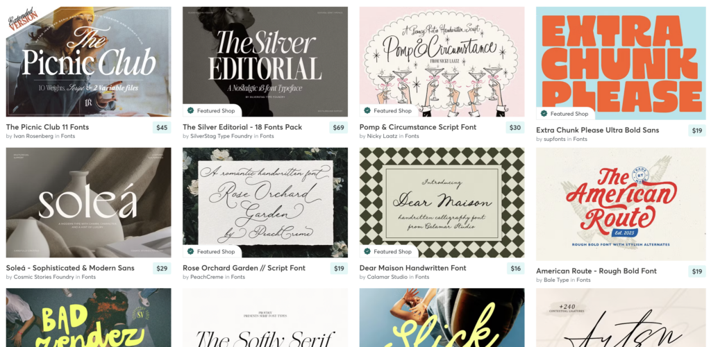 Creative Market font listings showcasing a variety of script, serif, and bold typefaces for designers.