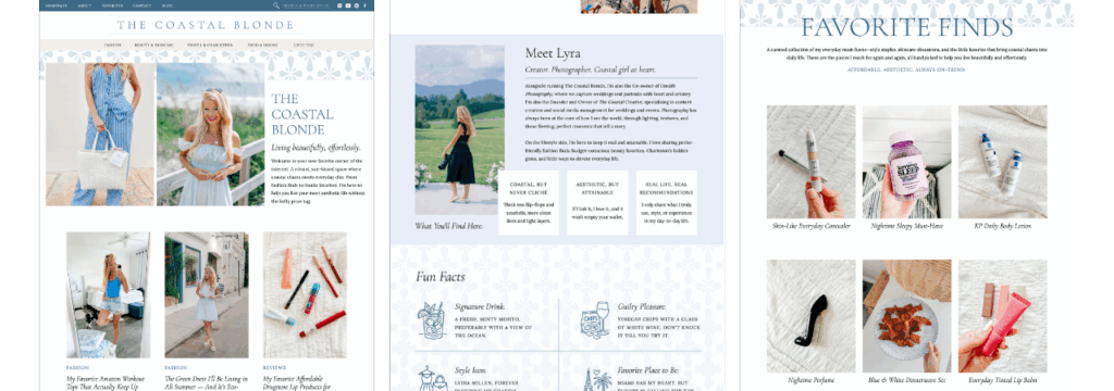 The Coastal Blonde website design sections