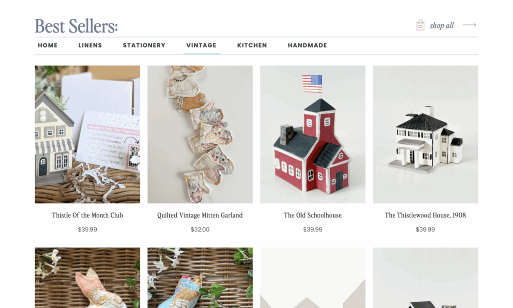 Custom Shopify best sellers filter showing product categories including Home, Linens, Stationery, Vintage, Kitchen, and Handmade with product grid displaying charming handcrafted items