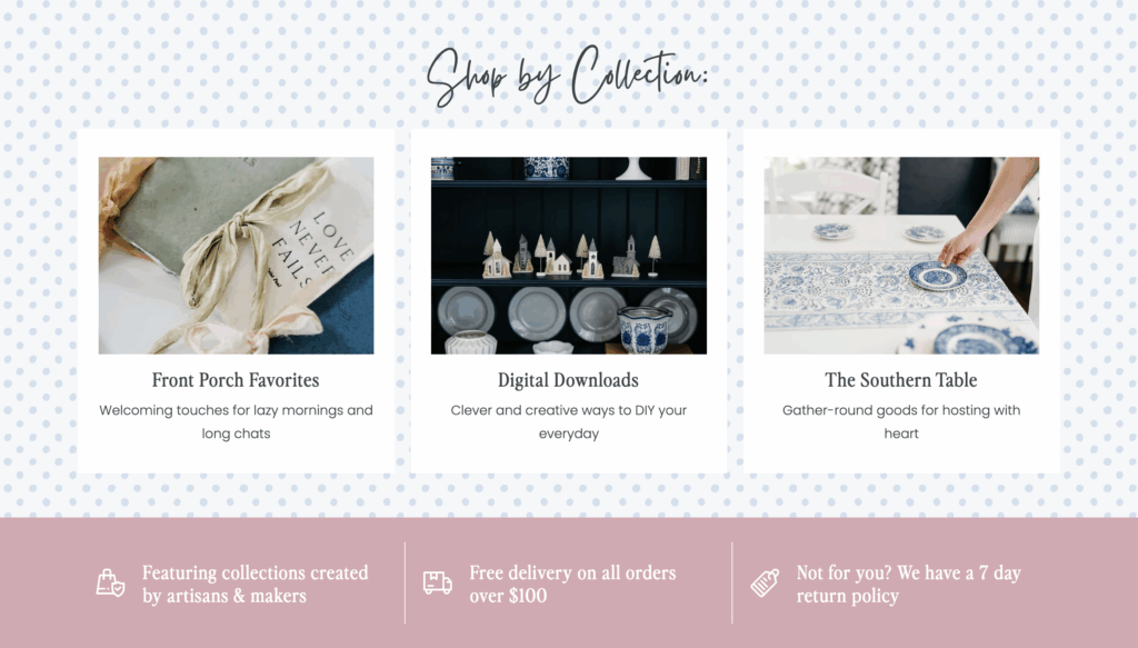 Shopify collection categories for boutique store featuring Front Porch Favorites, Digital Downloads, and The Southern Table with custom pink and blue polka dot branding