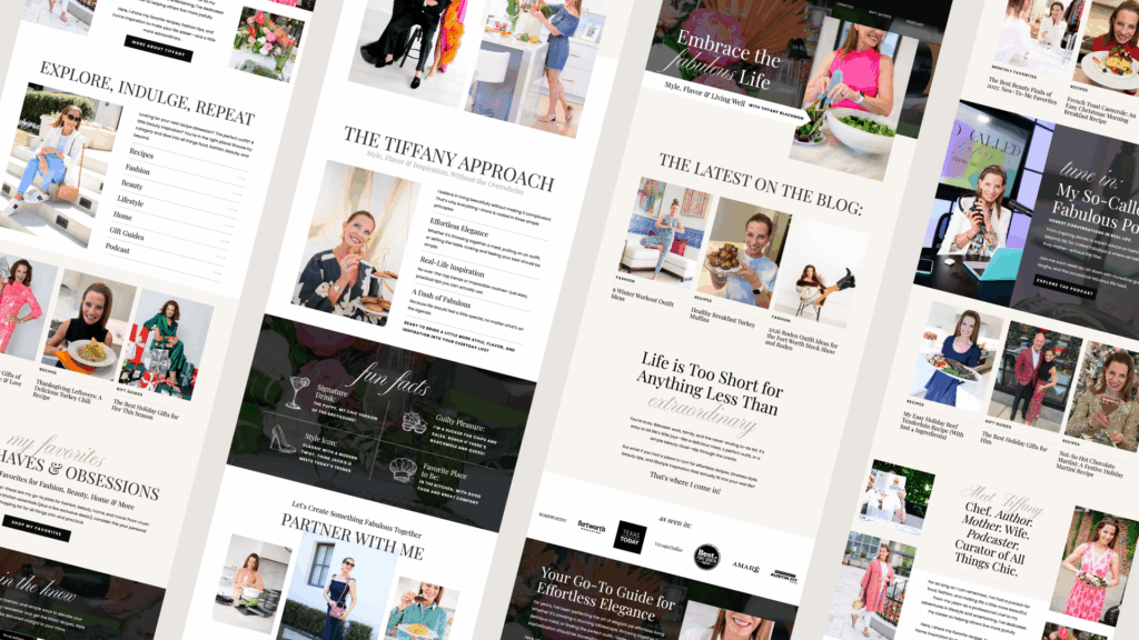 Full website layout for Tiffany Blackmon's lifestyle blog featuring recipes, fashion, beauty, podcast, and affiliate sections with custom design by Gillian Sarah.